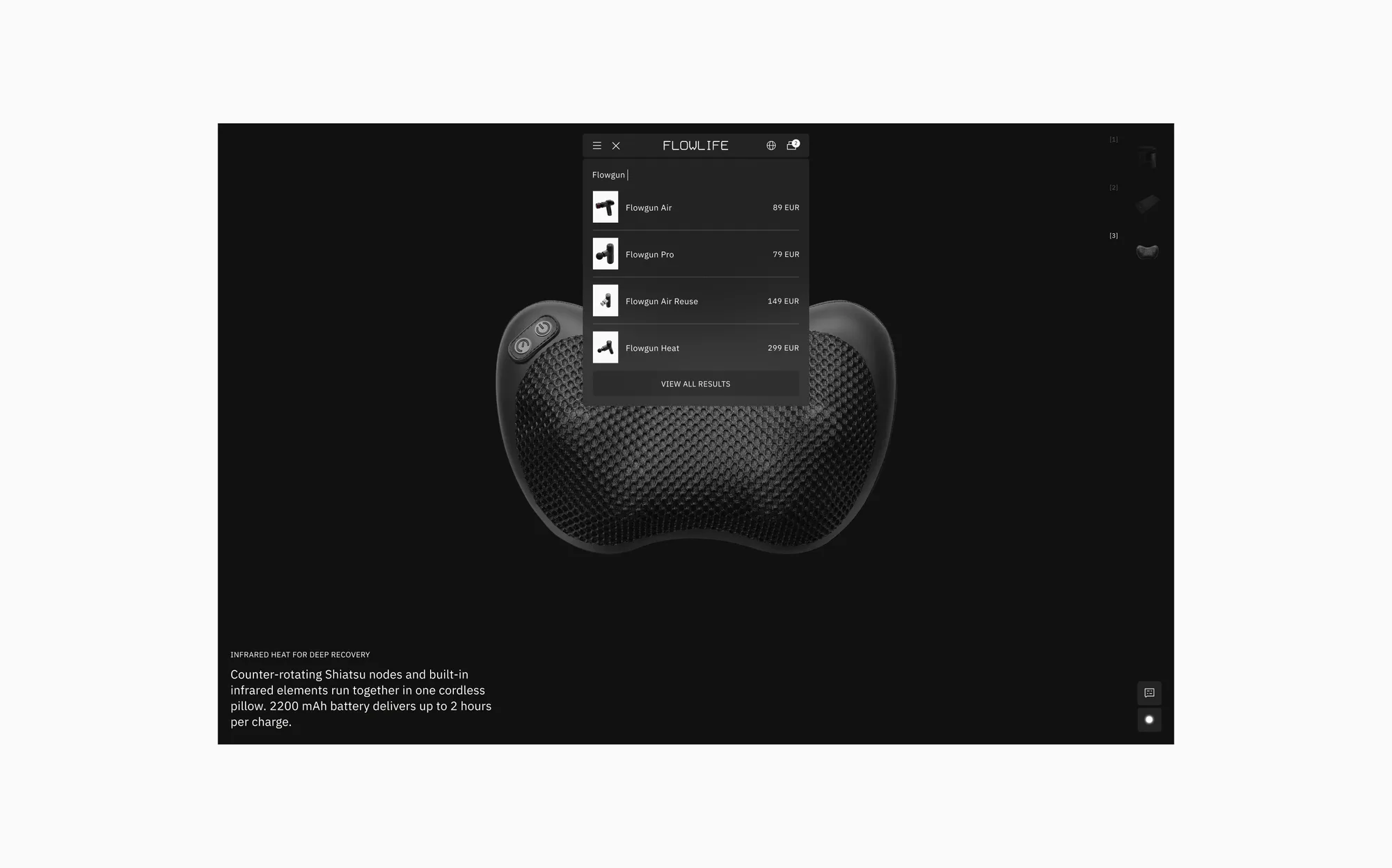 The Flowlife storefront on desktop, with the navigation panel open as search